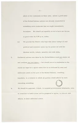 Memo to Secretary of State John Foster Dulles from President Dwight D. Eisenhower Regarding Ceasefire during Suez Crisis