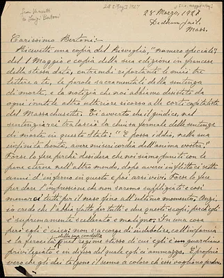 Bartolomeo Vanzetti autographed letter (incomplete) to [Luigi] Bertoni, Dedham, 28 May 1927
