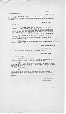 Press Release, Correspondence Between President Harry S. Truman and Keen Johnson