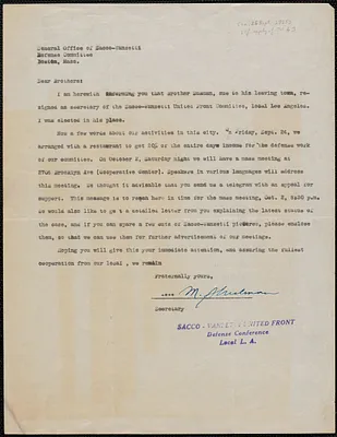 Mike Shulman (General (Sacco-Vanzetti United Front Defense Conference) typed letter signed to Sacco-Vanzetti Defense Committee, Los Angeles, Calif., approximately [September 26, 1925]