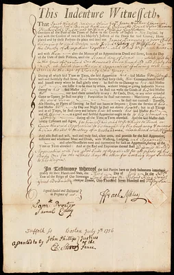 James Perraway indentured to apprentice with Israel Ashley of Westfield, 3 July 1756
