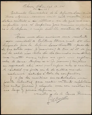 L. A. Garcia autograph letter signed, in Spanish, to Sacco-Vanzetti Defense Committee, Akron, Ohio, August 17, 1924