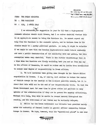 Telegram from Prime Minister Winston Churchill to President Franklin D. Roosevelt