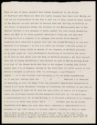 Typed transcription of land deed, Joseph Chamberlin of Coniticot to Sam Billing; February 15, 1706/7