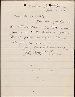Elizabeth G[lendower] Evans autograph note signed to [Bartolomeo] Vanzetti, Dedham, Mass., July 6, 1921