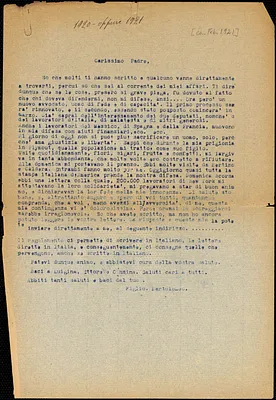 Bartolomeo Vanzetti typed letter (copy) to Giovanni Battista Vanzetti, [Charlestown, ca. February 1921]