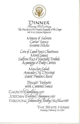 Cards-Menus, Dinner, Honoring His Excellency The President of the People's Republic of the Congo and Mrs. Sassou-Nguesso, The White House, February 12, 1990