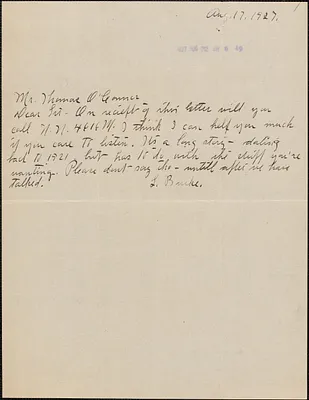 L. Burke autograph note signed to Thomas O'Connor (Citizens National Committee), August 17, 1927