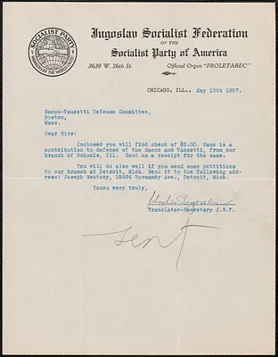 Charles Pogorelic (Yougoslav Socialist Federation of the Socialist Party of America) typed letter signed to Sacco-Vanzetti Defense Committee, Chicago, Ill., May 12, 1927