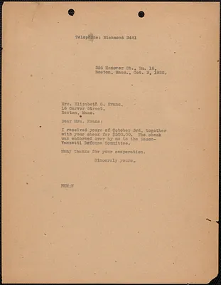 [Fred H. Moore] typed note (copy) to Elizabeth G[lendower] Evans, Boston, Mass., October 3, 1922