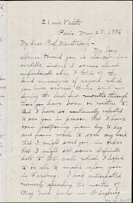 Pierce, Arthur Henry, 1876-1914 autograph letter signed to Hugo Münsterberg, Paris, 20 May 1896