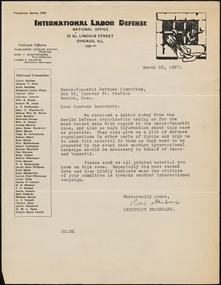 Rose Karsner (International Labor Defense) typed letter signed to Sacco-Vanzetti Defense Committee. Chicago. Ill., March 25, 1927