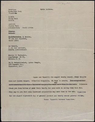 Sacco-Vanzetti Defense Committee telegram (circular, copy) to Georg Branting, Boston, Mass., [August 10?, 1927]