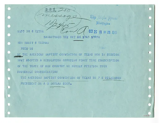 Telegram from the American Baptist Convention of Texas to President Harry S. Truman