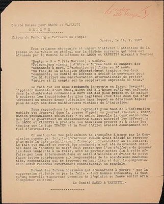Comité Suisse pour Sacco et Vanzetti typed handbill, in French, Geneva, Switzerland, July 14, 1927