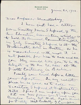 Campbell, Gilbert Whitney, 1833- autograph letter signed to Hugo Münsterberg, Hanover, N.H., 20 June 1910