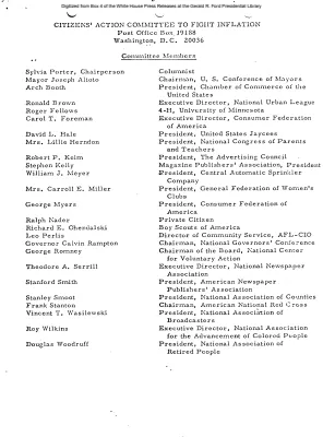 Citizen's Action Committee to Fight Inflation Member List, Fact Sheet and Letters