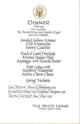 Cards-Menus, Dinner, Honoring His Excellency The President of the Arab Republic of Egypt and Mrs. Mubarak, The White House, April 4, 1989