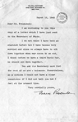 Letter from Eleanor Roosevelt to Harry S. Truman, accompanied by a copy of a letter from Eleanor  Roosevel to George C. Marshall