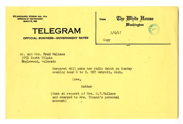 Telegram from Madge Gates Wallace to Fred and Christine Wallace