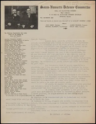 Sacco-Vanzetti Defense Committee typed letter (circular), in Italian, to Egregio Signore, Boston, Mass., [February 1925]