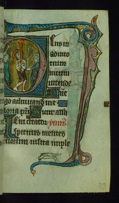 Leaf from Book of Hours: Prime, Initial ""D"" with the Flagellation and Marginal Drollery of a Bird