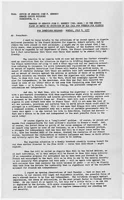 Remarks of Senator John F. Kennedy on the Senate Floor in Reply to Criticism on his Call for Freedom for Algeria July 8, 1957