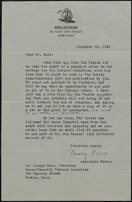 Mary Ross (The Survey) typed letter signed to Joseph Moro, New York, N.Y., November 30, 1926