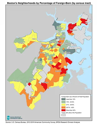 Boston's neighborhoods by percentage of foreign-born (by census tract)