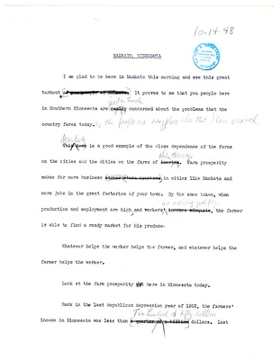 Reading Copy, Speech of President Harry S. Truman, Mankato, Minnesota