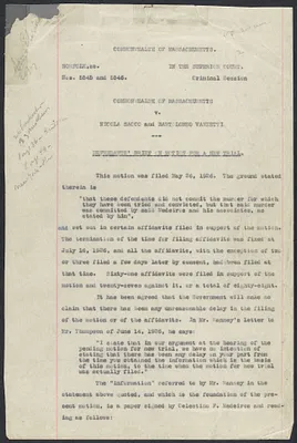Herbert Brutus Ehrmann Papers, 1906-1970. Sacco-Vanzetti. Briefs and records. Box 10, Folder 5, Harvard Law School Library, Historical & Special Collections