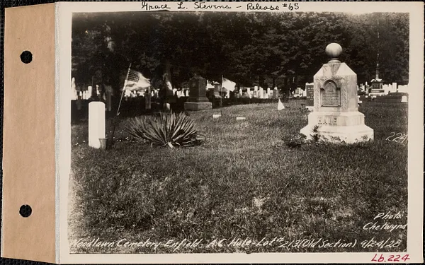 A. C. Hale, Woodlawn Cemetery, old section, lot 213, Enfield, Mass., Sept. 24, 1928
