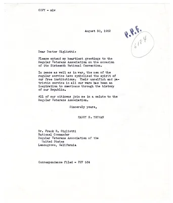 Letter to Dr. Frank B. Gigliotti from President Harry S. Truman