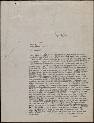 Mary Donovan (Sacco-Vanzetti Defense Committee) typed letter (copy) to Julia C. Coons, Boston, Mass., September 19, 1927
