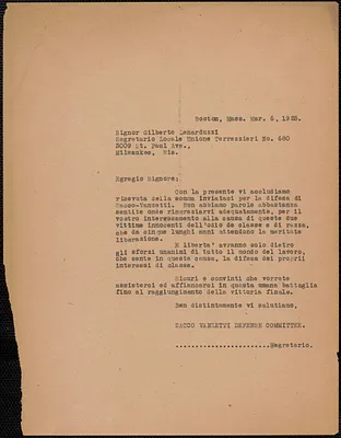 Sacco-Vanzetti Defense Committee typed letter (copy), in Italian, to Gilberto Lenarduzzi, Boston, Mass., March 6, 1925