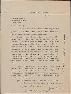 Julia C. Coons typed letter signed to Mary Donovan, Brooksville, Fla., October 8, 1927
