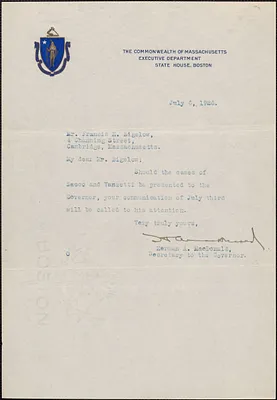 Herman A. MacDonald (Executive Department. Commonwealth of Massachusetts) typed note signed to Francis H. Bigelow, July 6, 1926
