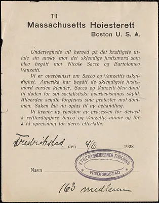 Försvarskomtien for Sacco-Vanzetti printed forms (petitions) signed to Sacco-Vanzetti Defense Committee, Oslo, Norway, 1928