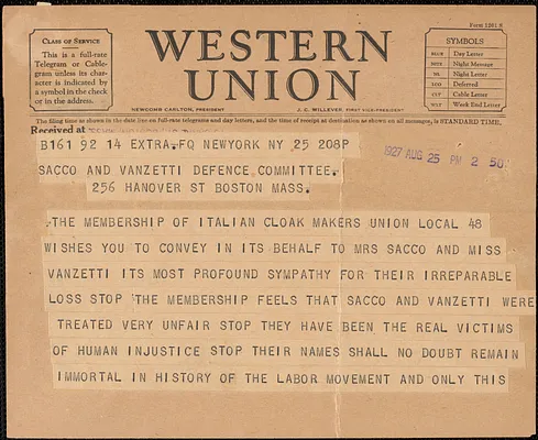 Eduardo Molisani (Italian Cloak Makers' Union Local 48) telegram to Sacco and Vanzetti Defense Committee, New York, N. Y., August 25, 1927