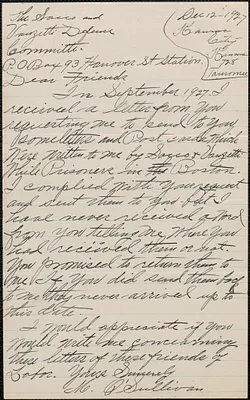 M. O'Sullivan autograph letter signed to Sacco-Vanzetti Defense Committee, Kansas City, Kan., December 12, 1927
