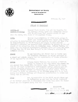 Memorandum, State Department Summary of Telegrams