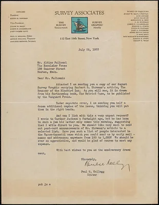Paul U. Kellogg (Survey Associates) typed letter signed to Aldino Felicani, New York, N. Y., July 25, 1933