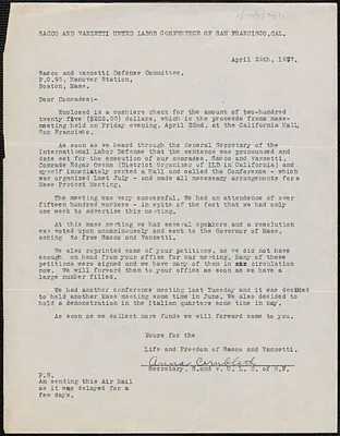 Anna Cornblath (Sacco and Vanzetti United Labor Conference of San Francisco) typed letter signed to Sacco-Vanzetti Defense Committee, San Francisco, Calif., April 29, 1927