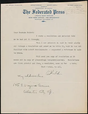 Art Shields (The Federated Press) typed letter signed to Amleto Fabbri, Atlantic City, N.J., approximately [October 10, 1925]