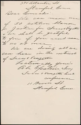 Abe Epstein (Sacco & Vanzetti Local Conference, Stamford, Conn) autograph letter signed to Sacco-Vanzetti Defense Committee, Stamford, Conn., [April? 1927]
