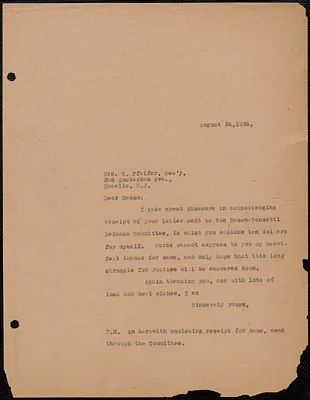 Sacco-Vanzetti Defense Committee typed note (copy) to Mrs. O. Pfeifer, Boston, Mass., August 24, 1926