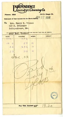 Bill from Independence Laundry & Cleaning Company