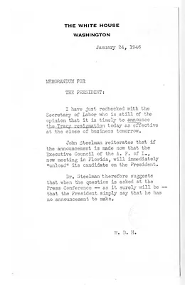 Memorandum from William D. Hassett to President Harry S. Truman