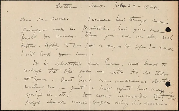 Elizabeth G[lendower] Evans autograph note signed to [Fred H.] Moore, Chatham, Mass., July 22, 1924