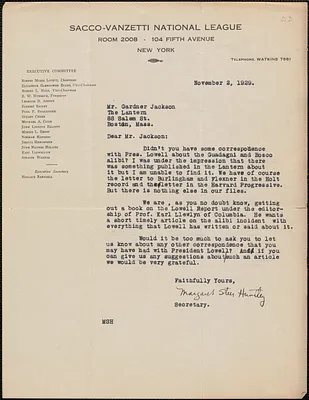 Margaret S. Huntley (Sacco-Vanzetti National League) typed letter signed to Gardner Jackson, New York, N. Y., November 2, 1929